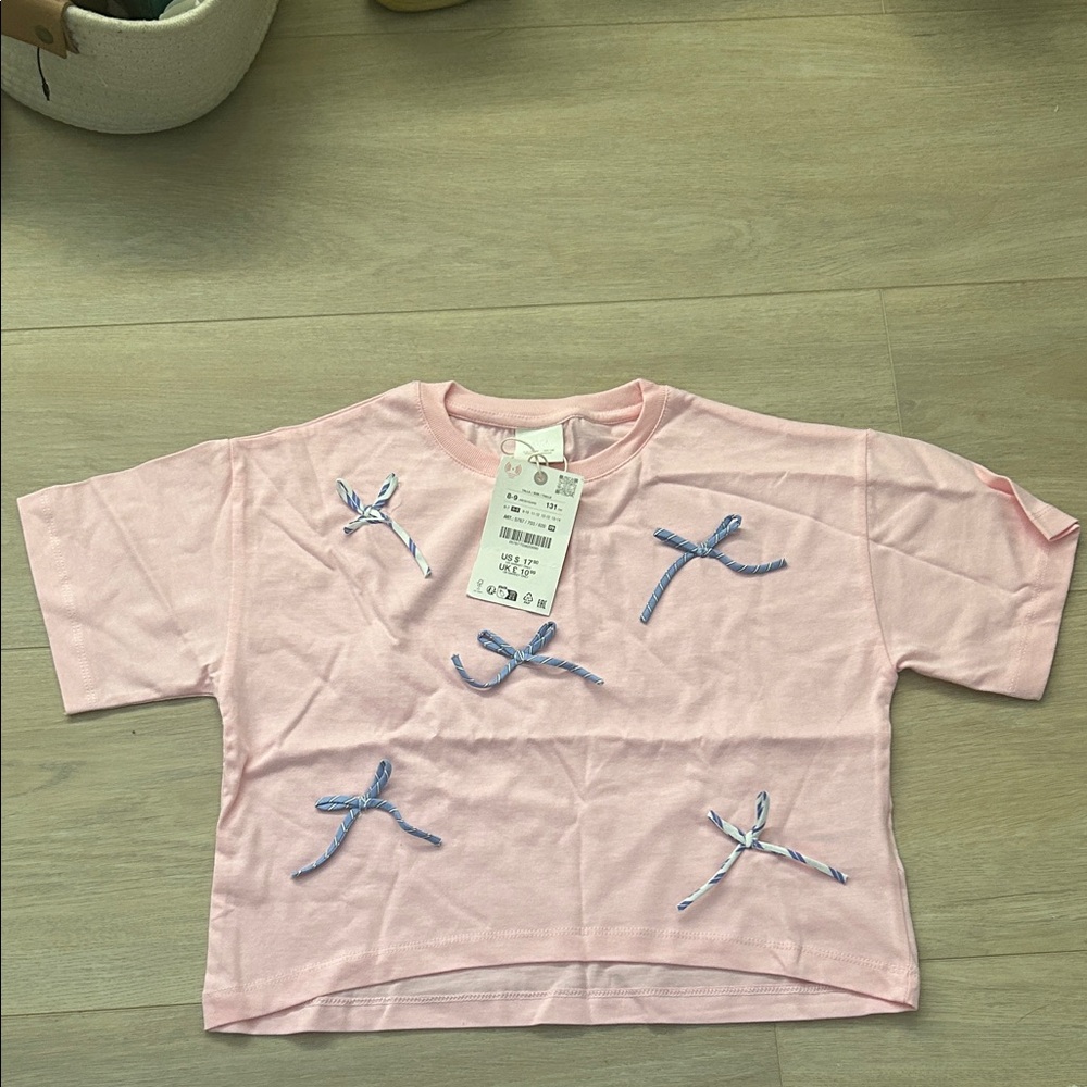 Zara Pink Kids Tee with Blue Bow Details NWT